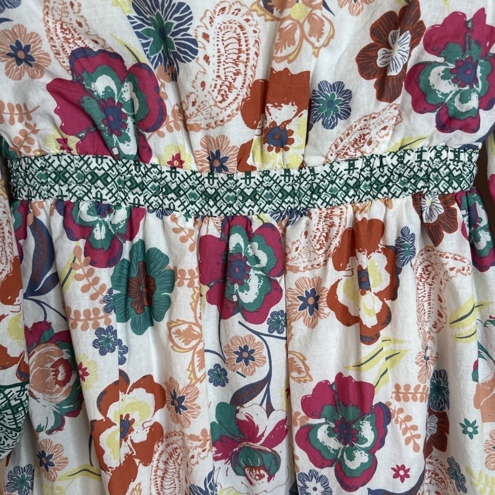 Kaktus Floral Bead Trim Tiered Dress Small Multi Boho Mini Balloon Slv - Picture 8 of 9